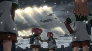 三個穿著校服的動漫女孩站在雪中，戲劇性的天空和陽光下。 — 雨 壁紙