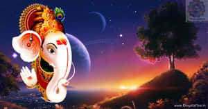 象頭神伽內什戴著皇冠，舉起手，在日落天空下，有樹木和行星。 — 靈性動態圖 壁紙