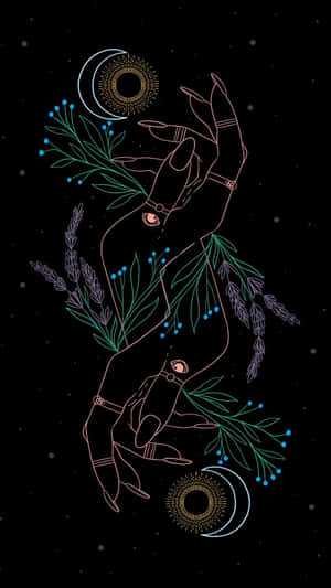 一隻發光的手在星空夜空下，於新月下方握著藍色花朵。
