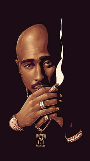 Tupac Shakur手持香煙，煙霧形成一個幽靈般的面孔。
