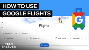 Google Flights 旅行搜尋介面，附有雪山和彩色行李箱標誌。