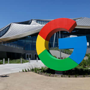 陽光明媚的日子裡，現代辦公樓前的大型Google G標誌雕塑。