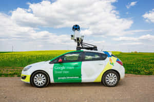 Google 街景車車頂有攝影機，停在油菜花田中。