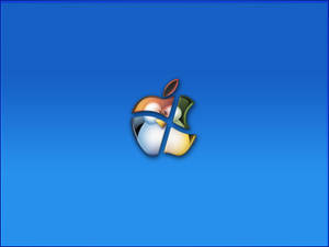 光澤Apple標誌分成四個彩色部分在藍色漸變背景上