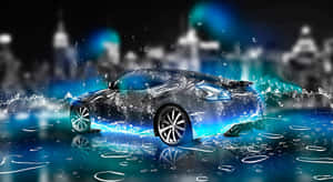 黑色跑車在夜間穿過發光的藍色水，背景是城市燈光。
