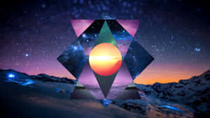 幾何三角形內發光的太陽，星空下積雪的山脈 — 純色 壁紙