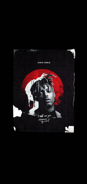Juice WRLD 的肖像，帶有紅色圓形和滴落白色油漆效果。