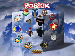 Roblox 遊戲物品和標誌漂浮在多雲的天空中。