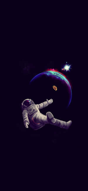 太空人漂浮在太空，靠近發光的行星和明亮的星星。