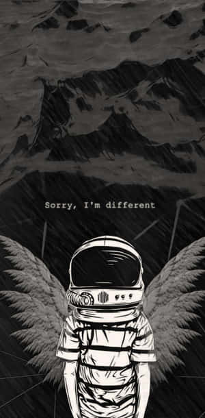 太空人帶著天使翅膀站在暴風雨山前，上面寫著 sorry i'm different。