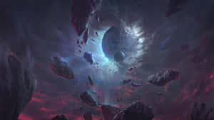 在色彩繽紛的宇宙星雲中漂浮的小行星和發光的行星。