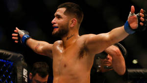 MMA拳手在八角籠中高舉雙臂慶祝勝利。