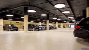 在乾淨的現代地下停車場中，一排排汽車在明亮的頂燈下停放。