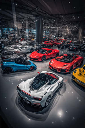 豪華跑車在現代展廳中展示，配有反射地板和戲劇性燈光。 — 現代 壁紙
