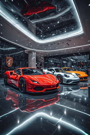 紅色法拉利488 Pista及其他豪華跑車在現代展廳中展示，地板具有反射效果。 — 現代 壁紙