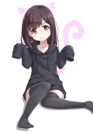 動漫女孩戴著貓耳朵，穿著黑色連帽衫和過膝長襪。 — 可愛動漫女仔 壁紙