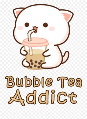 一隻卡通貓咪從杯子裡喝著帶有波霸珍珠的珍珠奶茶。