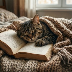 一隻虎斑貓在窗邊編織毯子下的一本打開的書上睡覺。