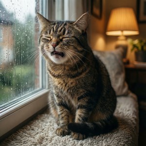 虎斑貓在雨窗旁打呵欠，舒適的房間。
