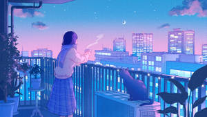 女孩與貓在陽台上享受星空下的茶。