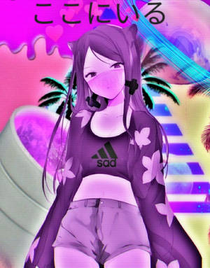 貓耳少女戴面具，霓虹紫色棕櫚樹場景。