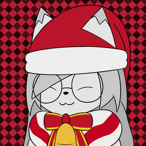 戴聖誕帽的動漫狐狸在紅色格子背景前拿著鈴鐺 — 開心 GIF 壁紙