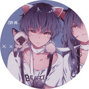 擁有貓耳的動漫女孩在紫色圓圈中抱著一隻小貓。 — 貓咪 壁紙