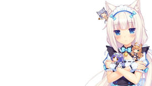 貓耳女僕裝動漫女孩抱著兩個小chibi角色。