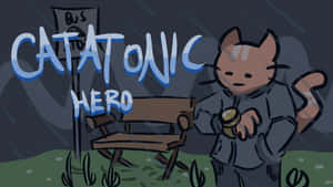 一隻穿著風衣的卡通貓站在雨中長椅旁，帶有'CATATONIC HERO'字樣。