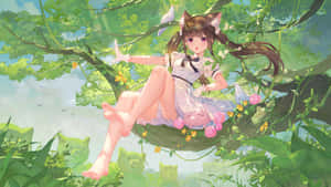 貓耳動漫女孩坐在花園的樹枝上，周圍有粉紅色的花朵和綠葉。
