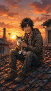 男子在橙色夕陽下的城市屋頂上抱貓