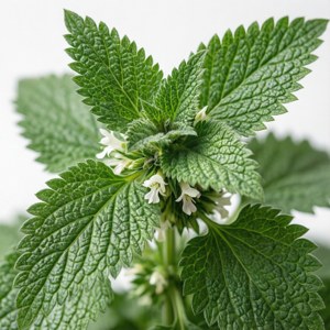 帶有小白花的綠色葉片植物特寫。