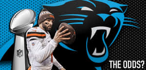 NFL四分衛喺超級碗獎盃同黑豹標誌旁邊揸住欖球。