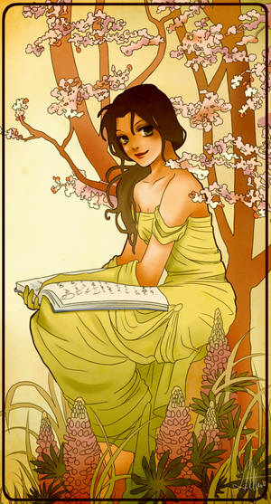 黃裙女子在櫻花樹下看書，旁邊有粉紅羽扇豆。