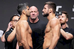 兩名赤膊的MMA拳手在UFC稱重活動中面對面互相凝視。