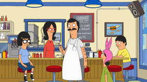 Bob's Burgers 一家在他們的餐廳裡，有紅色凳子和藍色燈光。