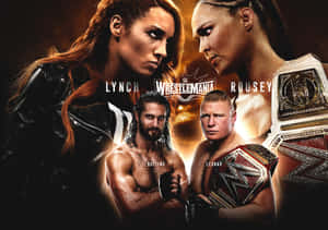 WWE摔角手Lynch、Rousey、Rollins、Lesnar手持冠軍腰帶對峙。