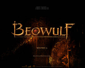 Beowulf 電影標題海報，金色字體，深色火熱背景。 — 奇幻 壁紙