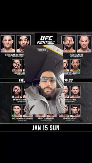 戴太陽眼鏡的男子在UFC Fight Night海報前擺姿勢，海報上有拳手照片。 — 搏擊會 GIF 壁紙