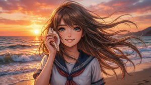 動漫女孩穿水手服在海灘上拿著貝殼，金色夕陽
