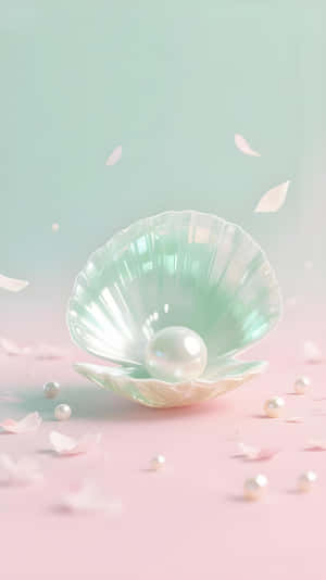 一顆珍珠在貝殼中，被花瓣和小珍珠環繞，放在粉紅色表面上。 — 1440x2560 壁紙