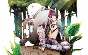 有紋身的動漫男子坐在叢林中一隻巨型白熊旁邊。 — 海賊王 壁紙