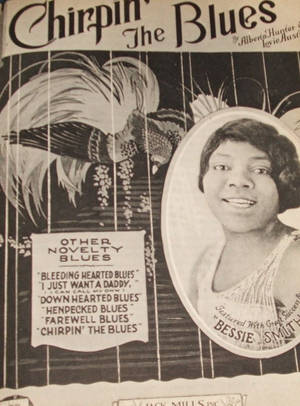 貝西·史密斯《Chirpin' The Blues》的1920年代復古樂譜封面，帶有華麗的鳥類和歌曲列表。 — 復古 壁紙