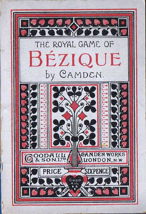 紅、黑、白新藝術風格設計的復古 Bézique 遊戲書封。