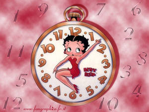 Betty Boop 在懷錶內跳舞，背景是粉紅色和漂浮的數字。