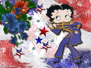 Betty Boop 身穿藍色制服，在紅、白、藍背景上與星星和花朵一起跳舞。