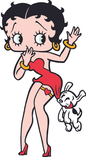 Betty Boop 身穿紅色服裝，旁邊有她的狗在揮手。