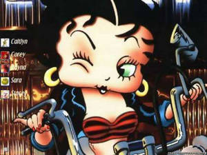 Betty Boop 在霓虹燈閃爍的城市場景中騎著電單車。