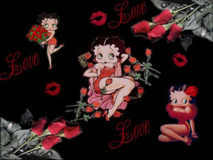 Betty Boop 角色與玫瑰和嘴唇在黑色背景上，帶有愛情文字。