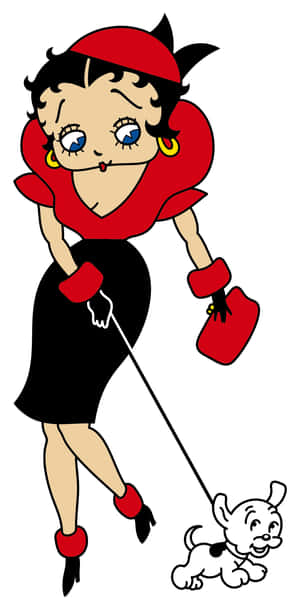 Betty Boop 身穿標誌性紅色服裝，用狗帶牽著一隻小白狗散步。 — Pixel 3 壁紙